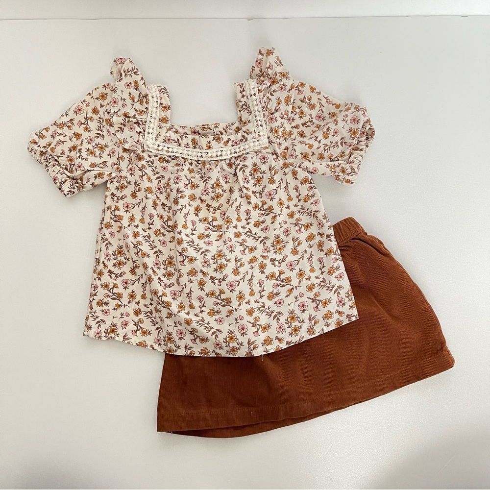 Art Class Kids Cream Floral Top with Brown Corduroy Elastic Skirt Outfit size 2T